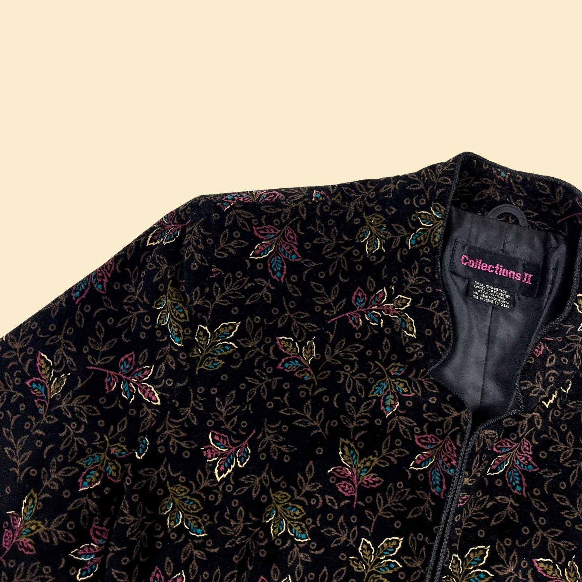 1980s black velvet jacket by Collections II, vintage floral velvet women's open faced jacket