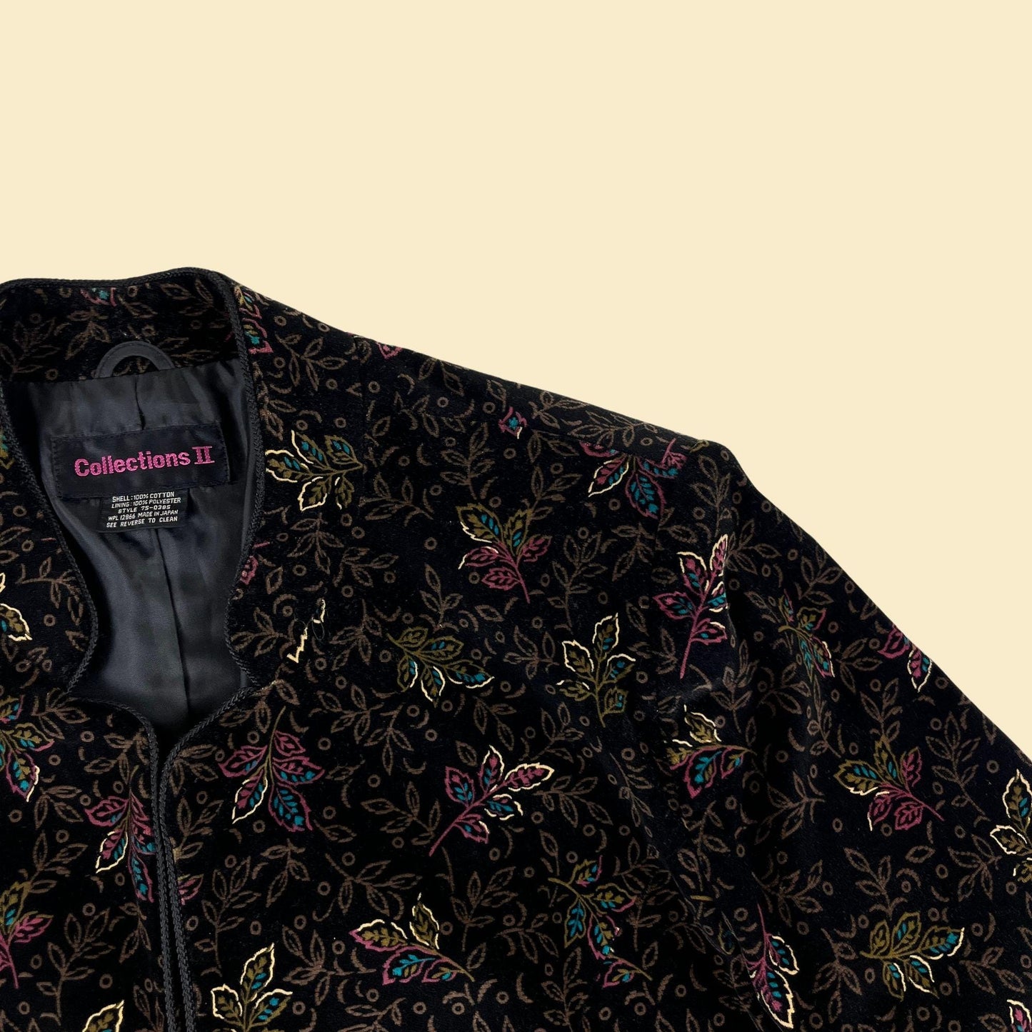 1980s black velvet jacket by Collections II, vintage floral velvet women's open faced jacket