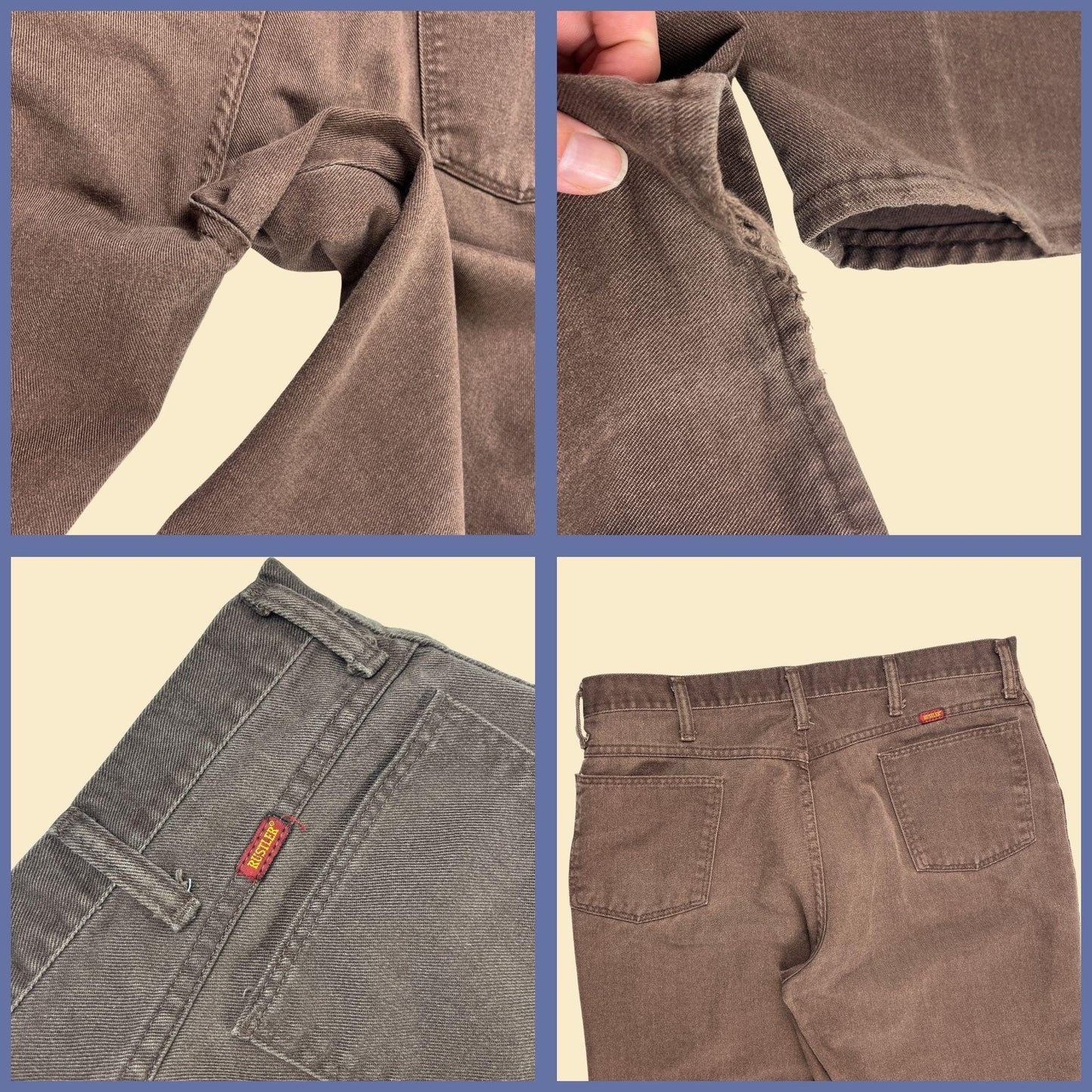 1990s Rustler 38x30 men's pants, straight leg 90s lightweight brown denim-style pants