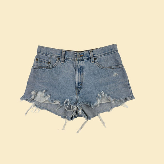 1990s Levi's 565 shorts, vintage size 8 "Guy's Fit" women's cut off light wash denim/jean shorts