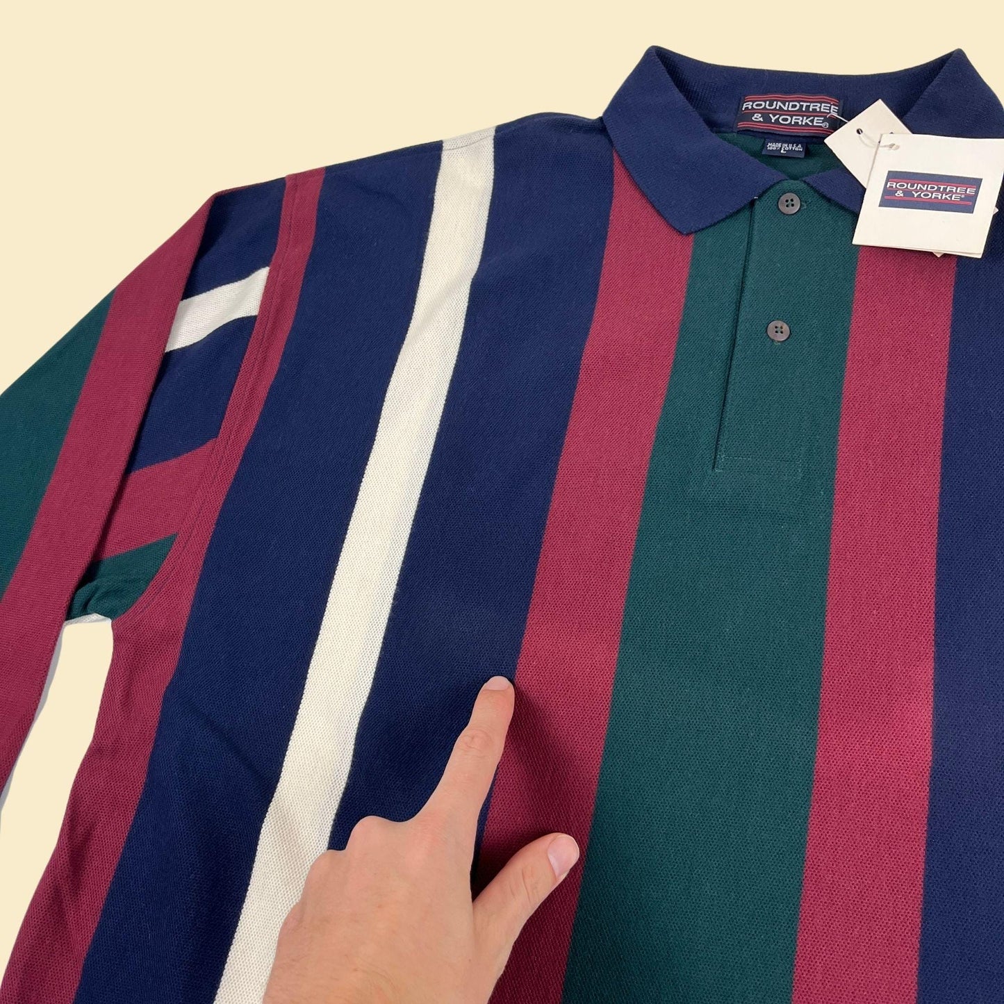 90s L striped polo shirt, vintage men's burgundy/blue striped long sleeve top by Roundtree & Yorke