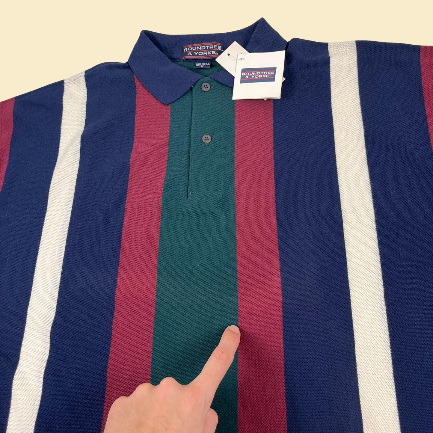 90s L striped polo shirt, vintage men's burgundy/blue striped long sleeve top by Roundtree & Yorke