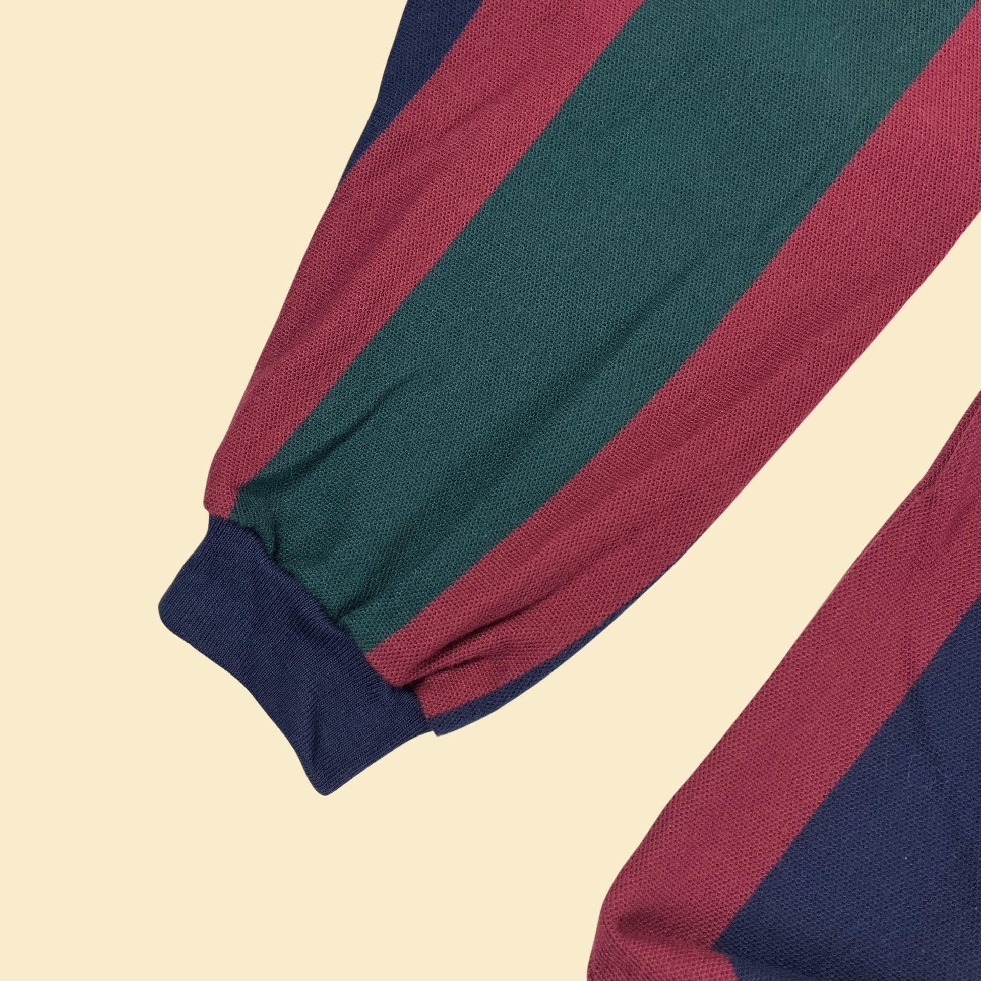 90s L striped polo shirt, vintage men's burgundy/blue striped long sleeve top by Roundtree & Yorke