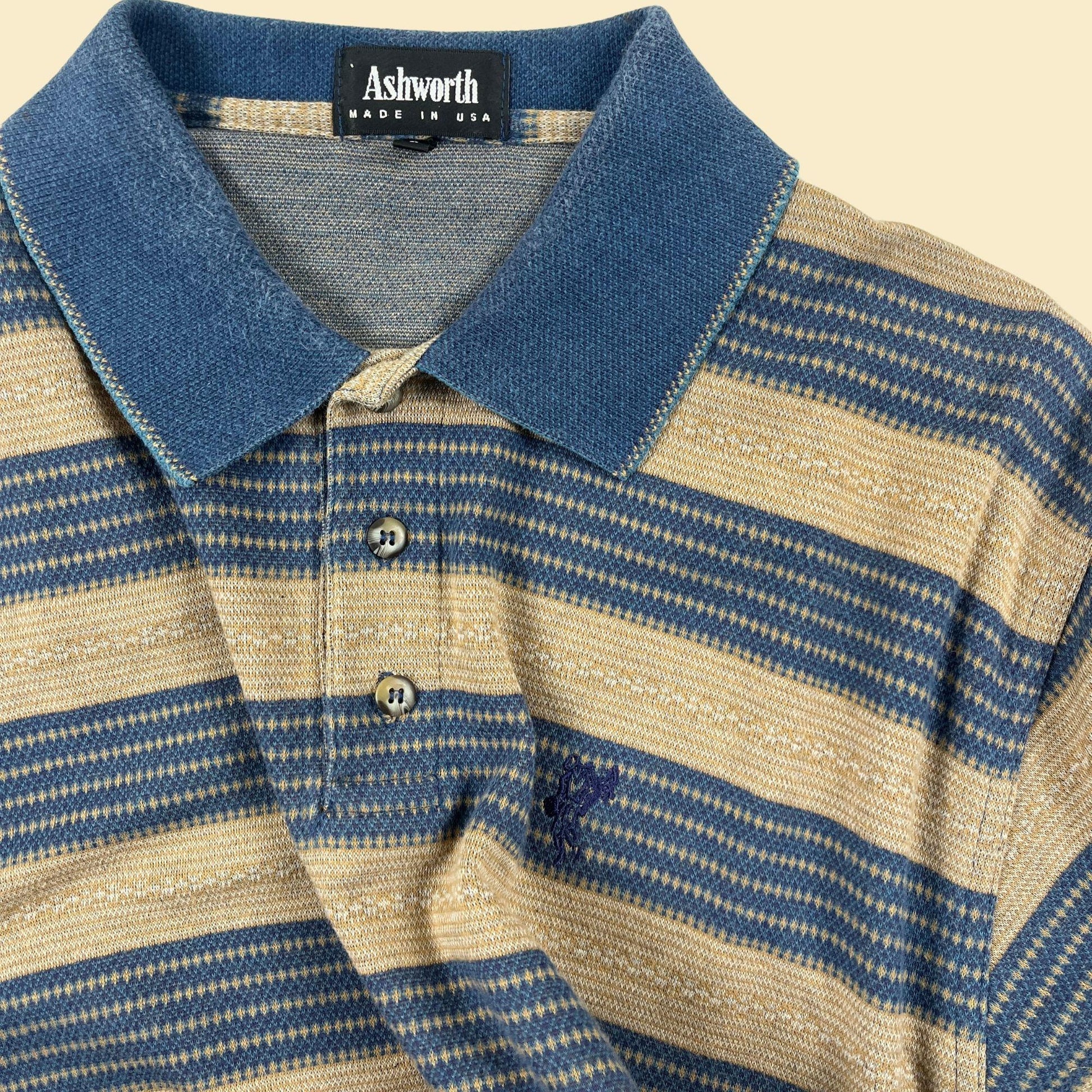 90s striped polo shirt, vintage beige & blue short sleeve cotton top