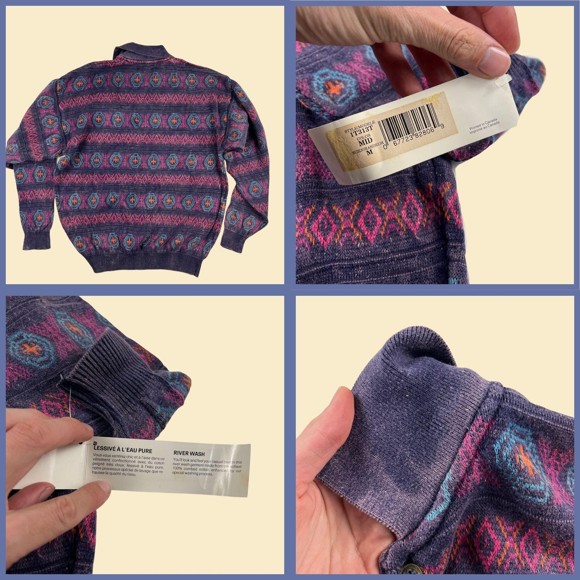 90s M knit polo by Tundra, vintage purple & teal knit long sleeve geometric top by Tundra, new old stock (w/ tags)