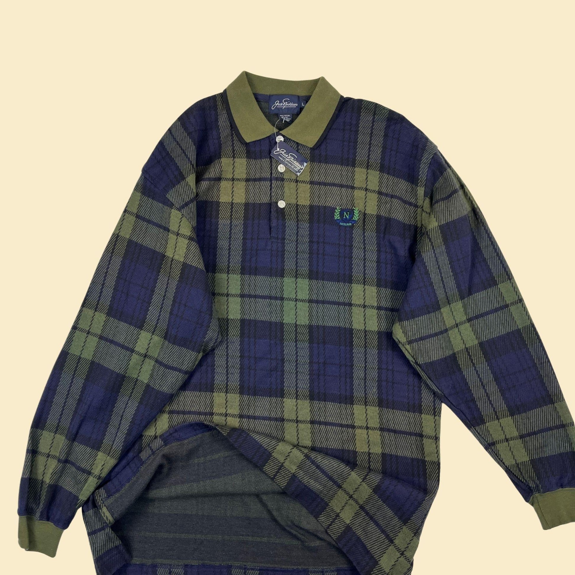 90s L polo shirt by Jack Nicklaus, vintage plaid blue & green long sleeve golf shirt, new old stock (w/ tags)