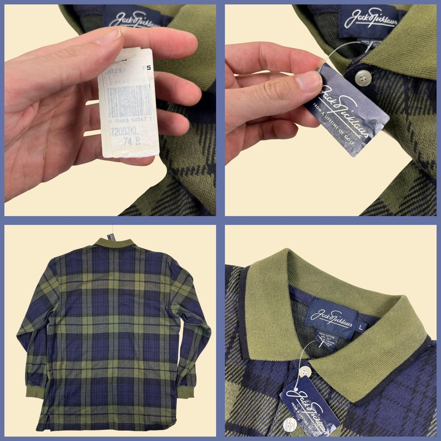 90s L polo shirt by Jack Nicklaus, vintage plaid blue & green long sleeve golf shirt, new old stock (w/ tags)