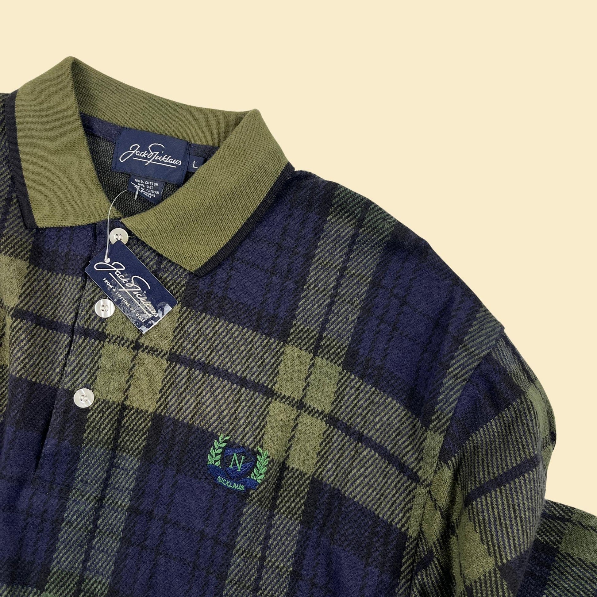 90s L polo shirt by Jack Nicklaus, vintage plaid blue & green long sleeve golf shirt, new old stock (w/ tags)