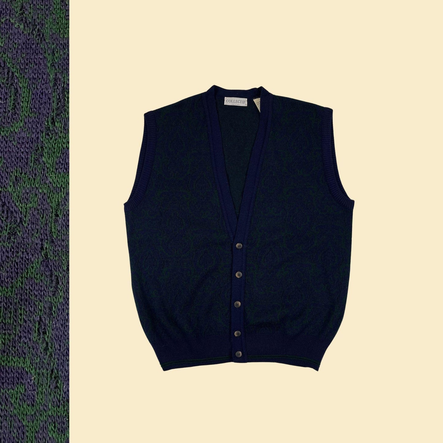 70s/80s L sweater vest by Collectif, vintage blue & green abstract knit cardigan-style vest, made in Italy