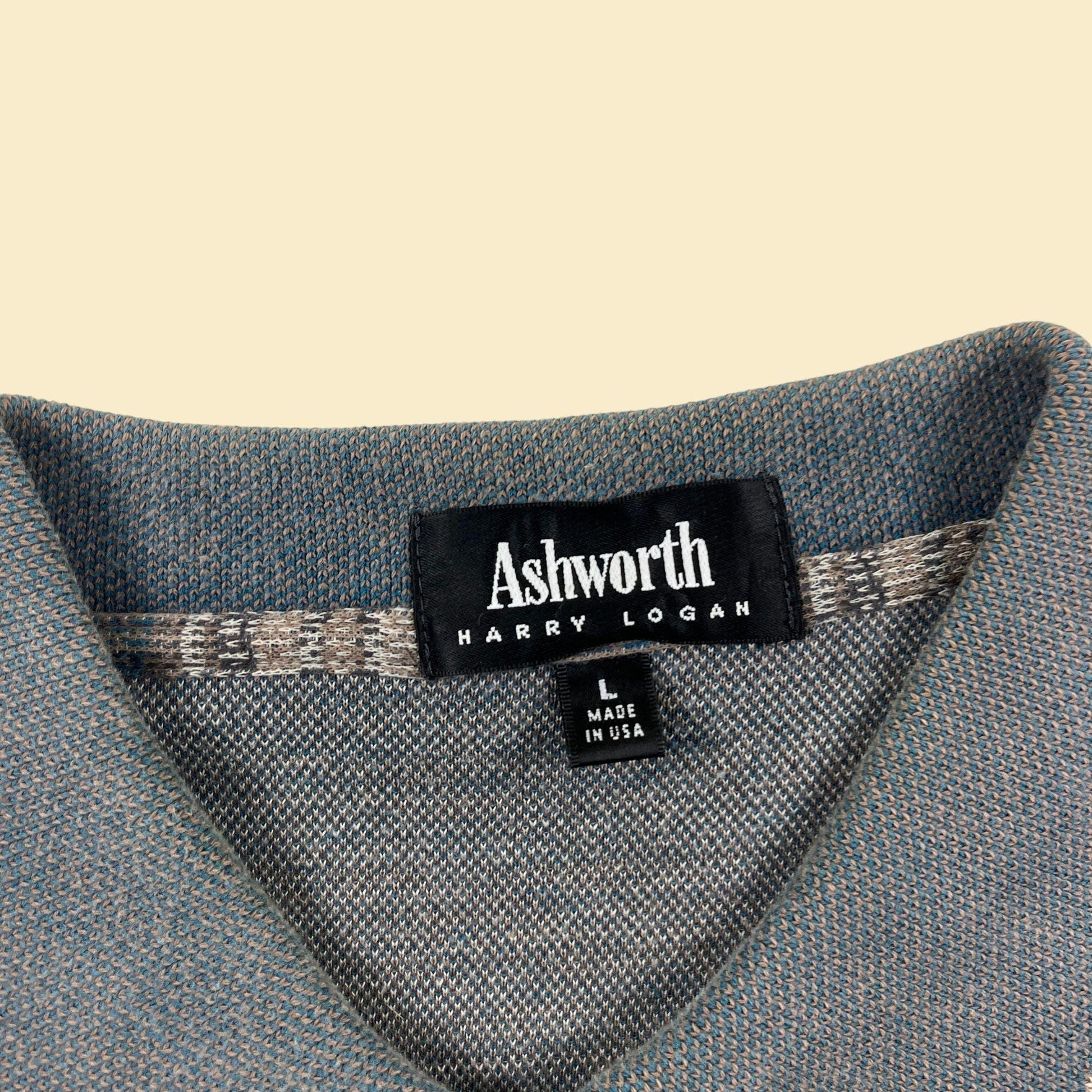 90s L striped polo shirt by Ashworth, vintage blue & beige striped cotton golf shirt