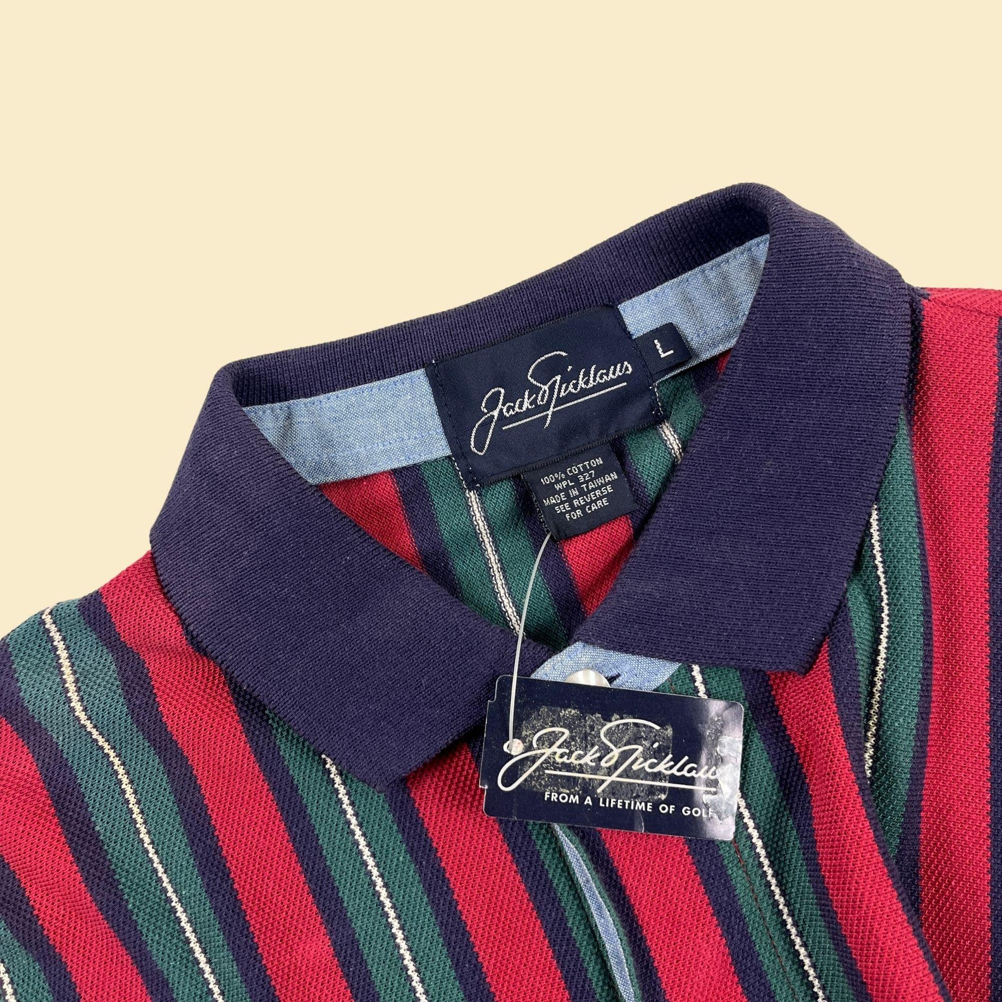 90s L striped polo shirt, vintage Jack Nicklaus red & blue long sleeve men's top, new old stock (w/ tags)