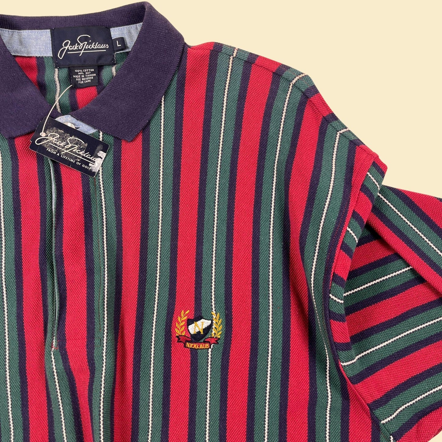 90s L striped polo shirt, vintage Jack Nicklaus red & blue long sleeve men's top, new old stock (w/ tags)