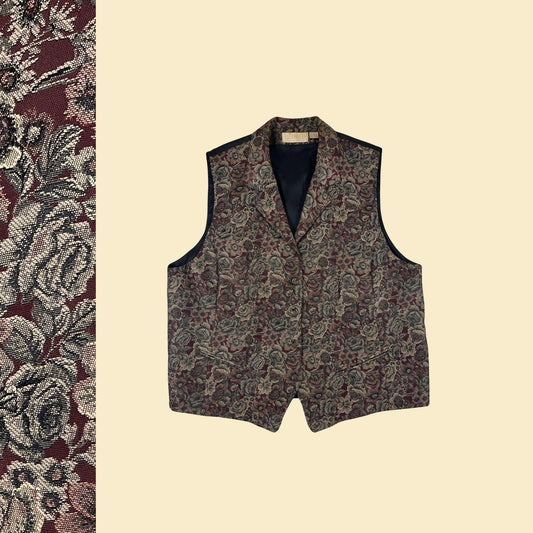 1990s floral tapestry vest by Elisabeth by Liz Claiborne, vintage women's burgundy & beige rose patterned vest