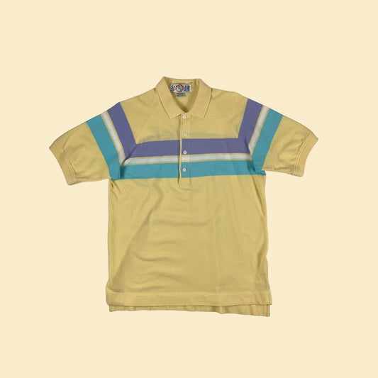 90s L polo by Jantzen Sport, vintage pastel yellow, purple & teal men's short sleeve preppy shirt