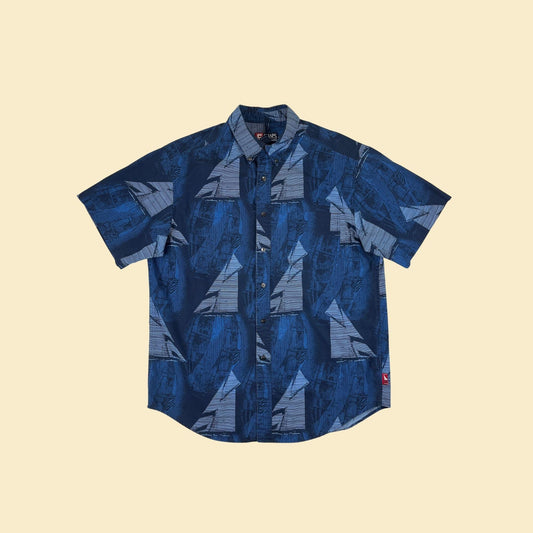 Y2K geometric L shirt by Chaps Ralph Lauren, vintage blue triangle patterned button down short sleeve top