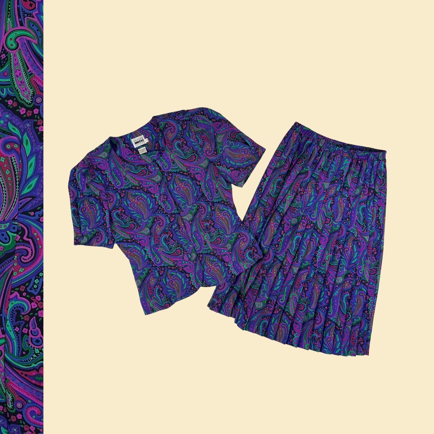 1980s paisley purple 2 piece set, size 8 vintage midi skirt & shoulder pad blouse set by Leslie Fay