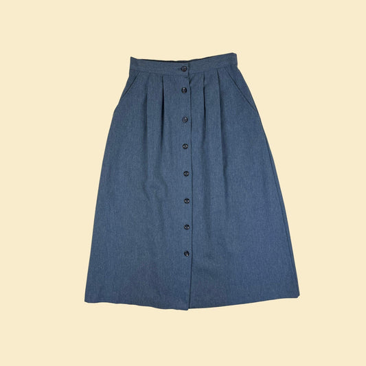 70s/80s S Bonworth skirt, vintage blue button down midi to maxi skirt w/ elastic waist & pleating