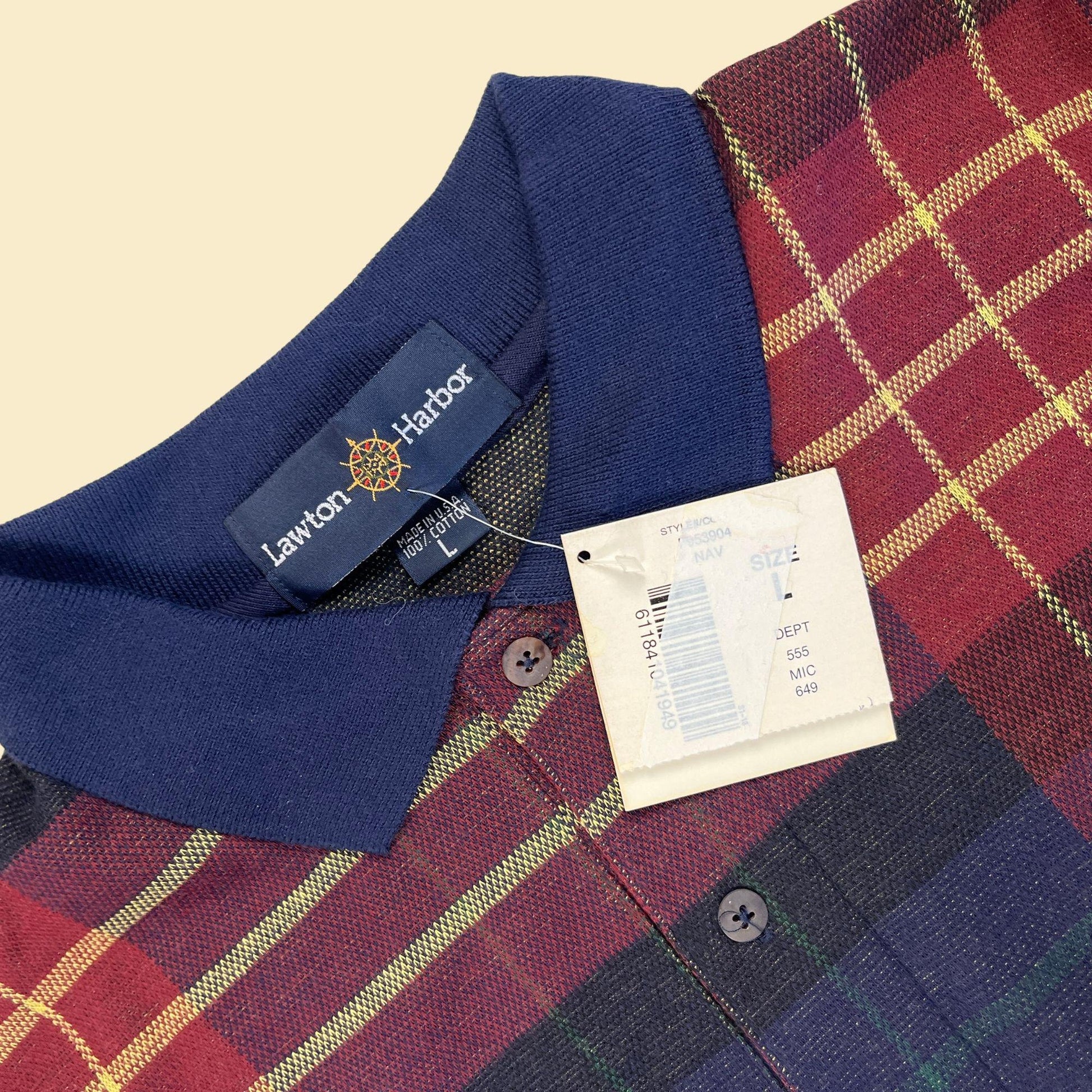 90s L plaid polo shirt by Lawton Harbour, vintage blue & burgundy long sleeve golf top, new old stock (w/ tags)