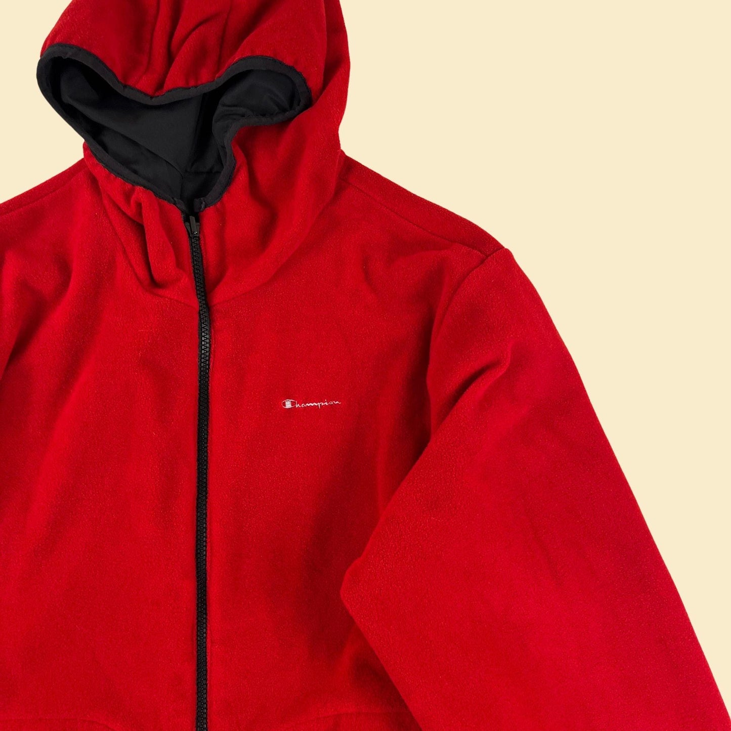 1990s Champion XL jacket, vintage reversible fleece/windbreaker red & black hooded men's jacket