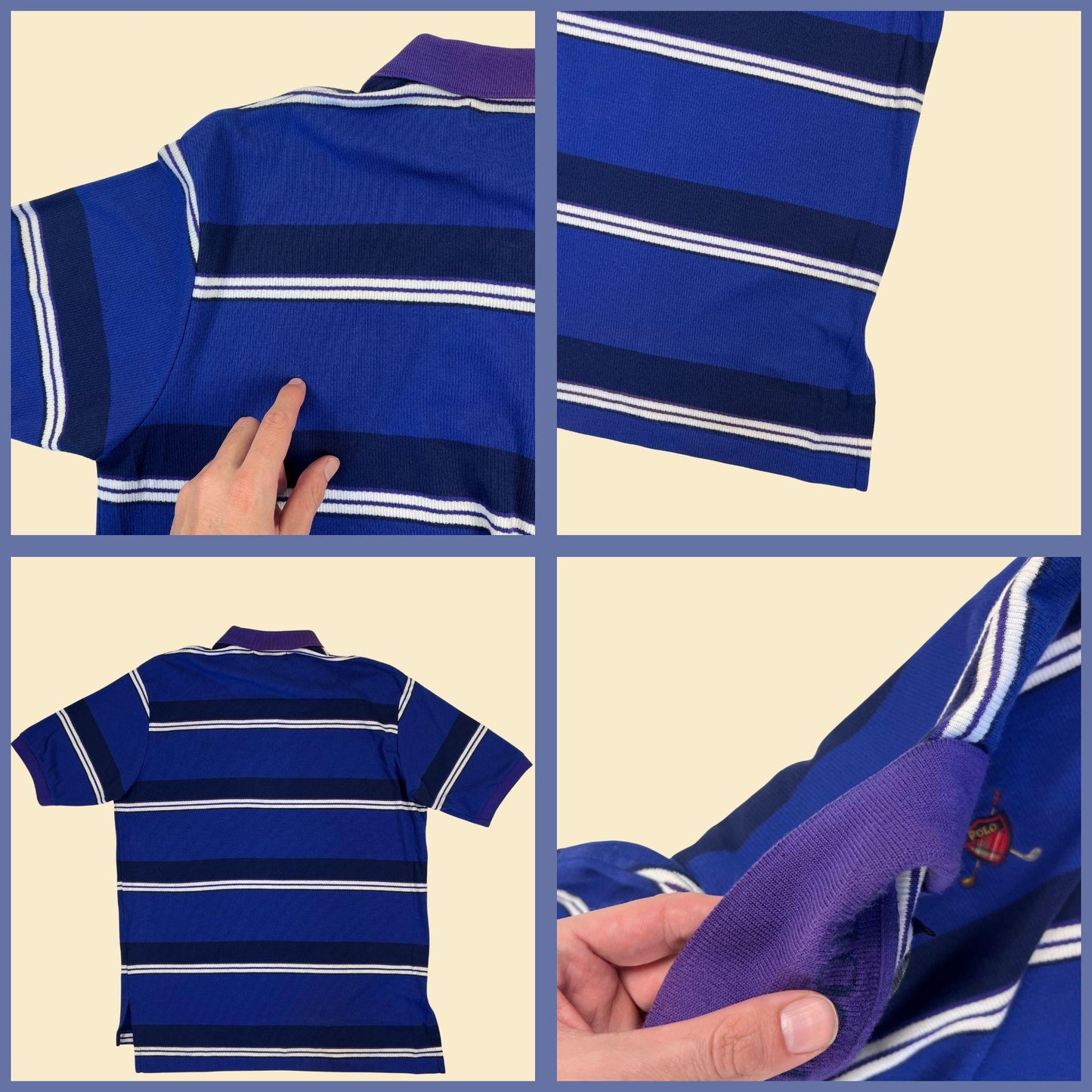 90s/Y2K Polo Golf L blue shirt, vintage men's blue & purple striped short sleeve polo top