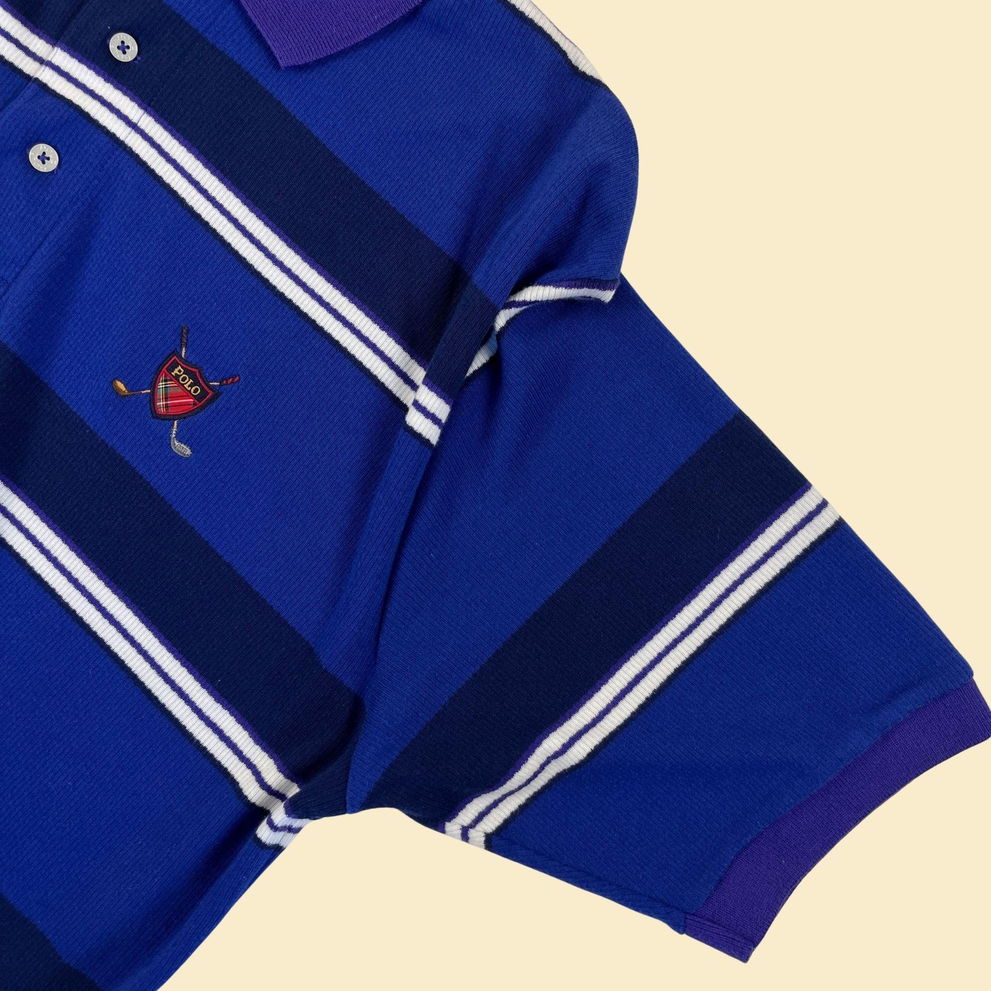 90s/Y2K Polo Golf L blue shirt, vintage men's blue & purple striped short sleeve polo top