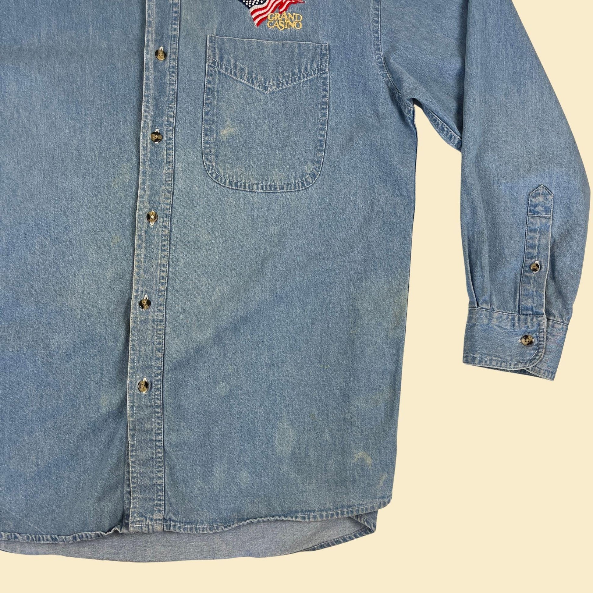 1990s M denim shirt w/ Grand Casino logo, vintage long sleeve chambray Las Vegas button down