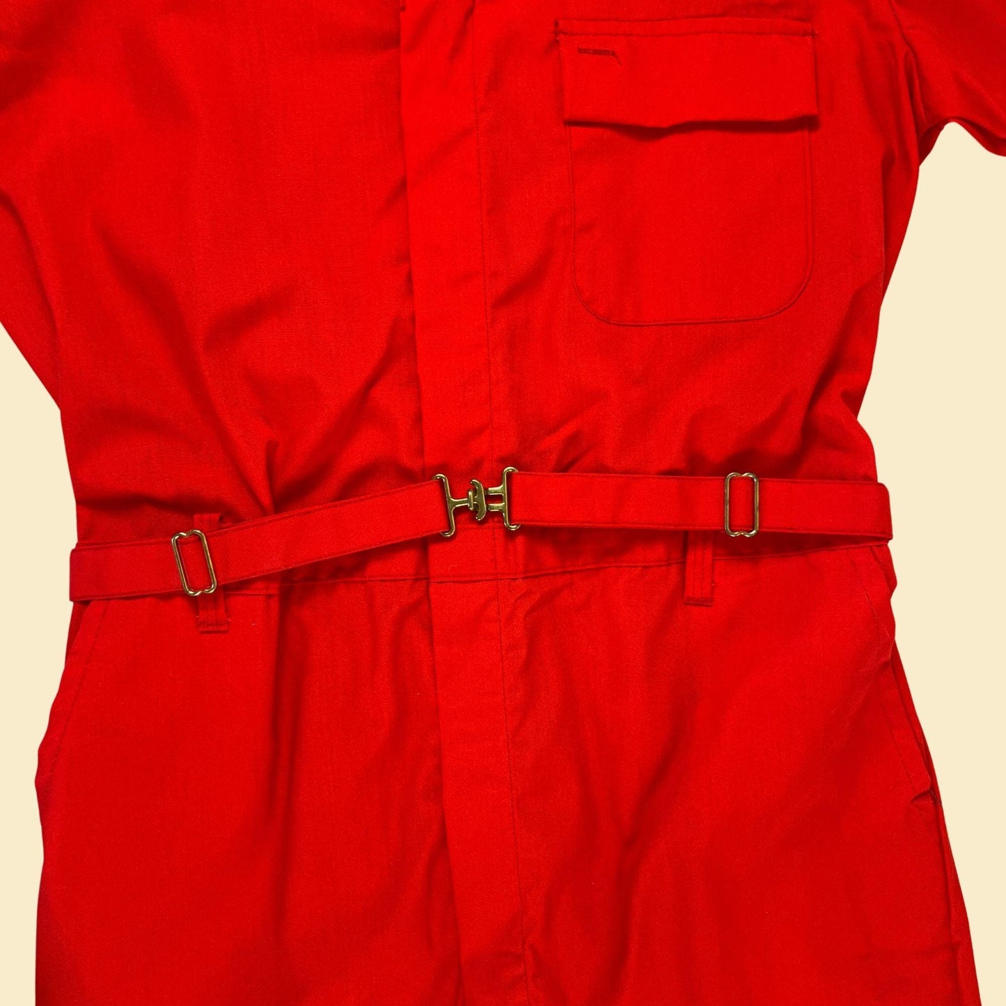 1970s flight suit by Toppmaster, vintage XL, Tall red one-piece coveralls w/ "Standardize on Standard" patches