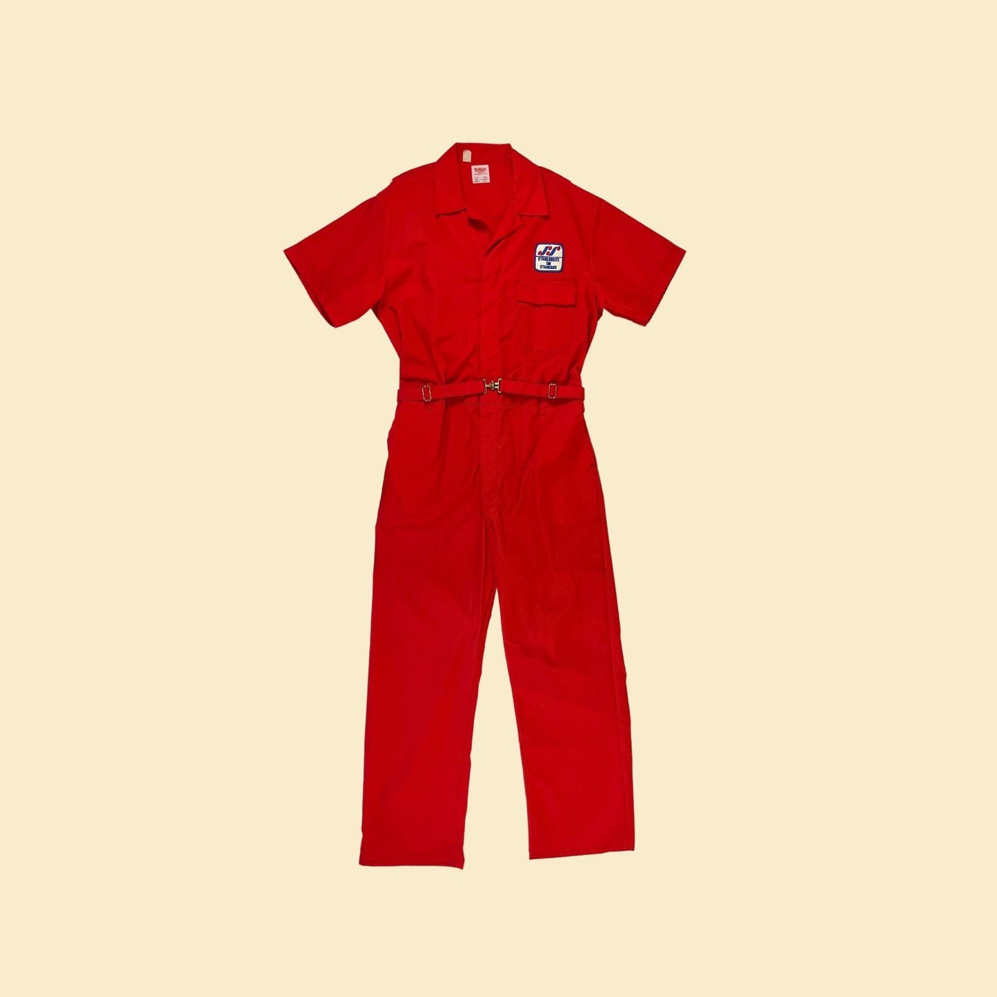 1970s flight suit by Toppmaster, vintage XL, Tall red one-piece coveralls w/ "Standardize on Standard" patches