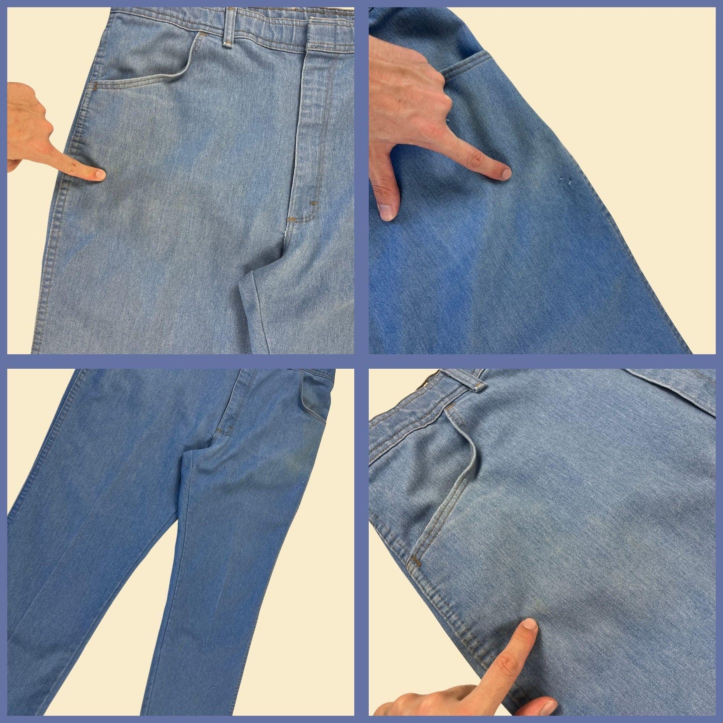 90s Wrangler 42x29 men's jeans, vintage light-wash blue men's cotton/poly USA-made straight leg pants