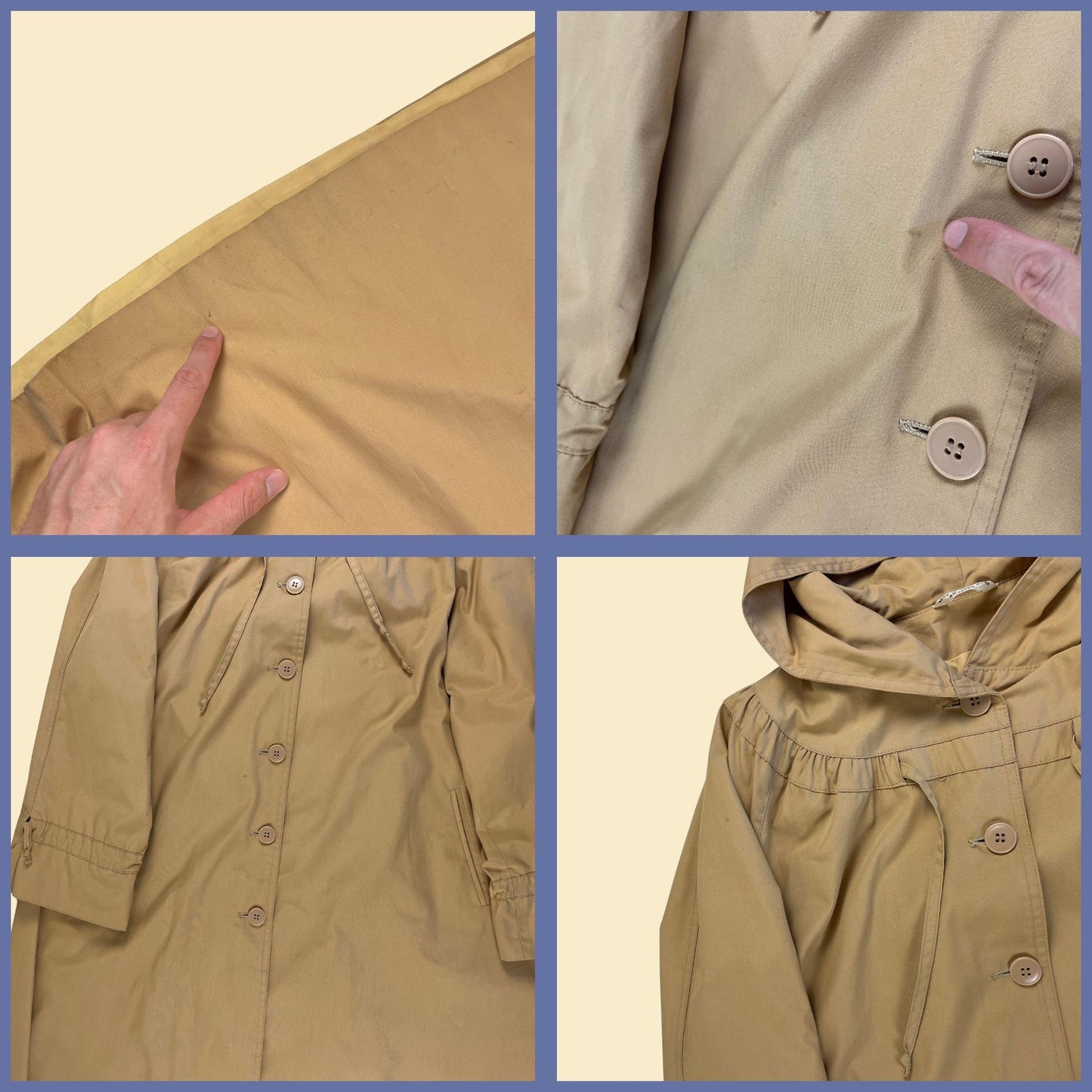 1970s trench coat by Pistol Ltd., vintage women's khaki/beige hooded jacket