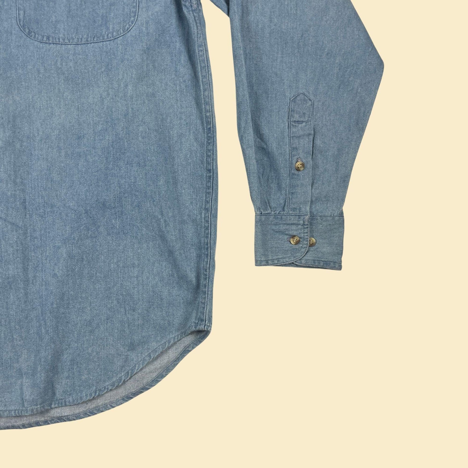 90s chambray L shirt, vintage men's medium to light wash denim-style button down top