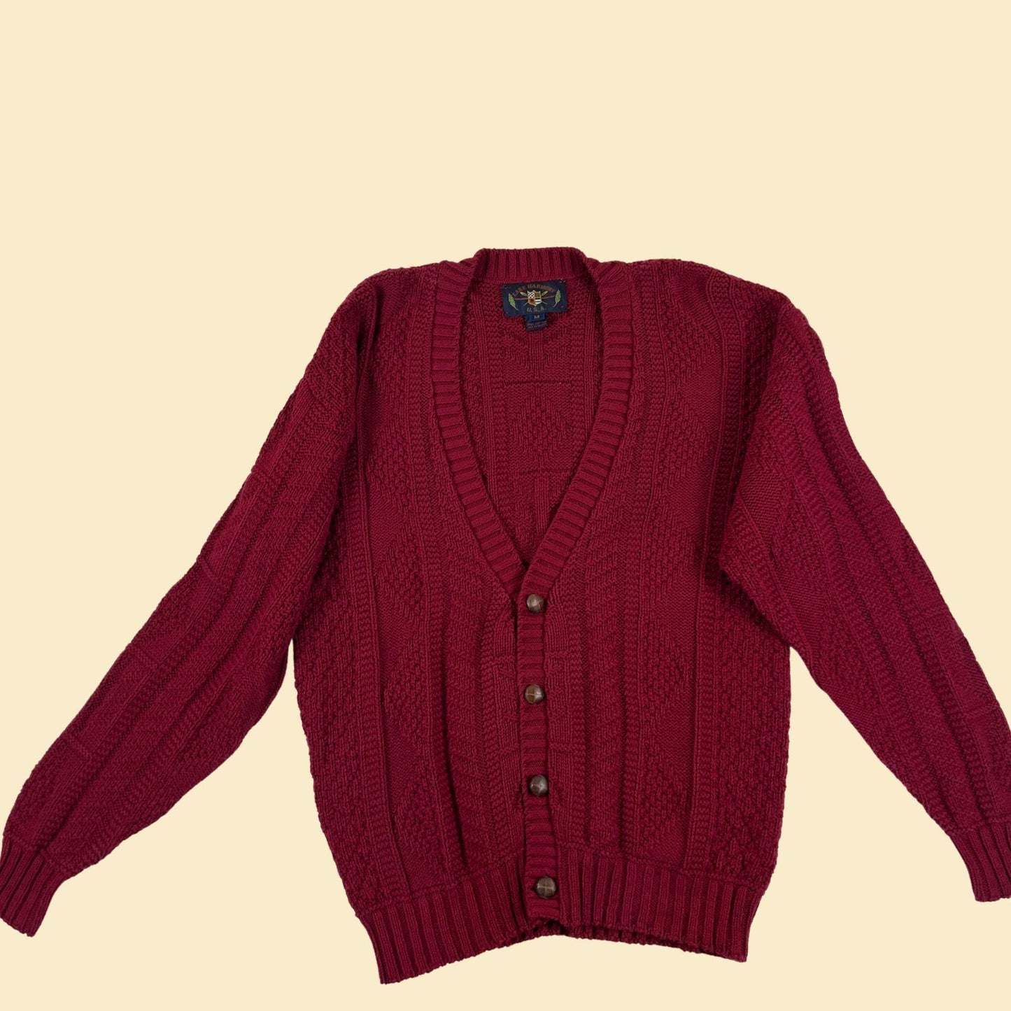 80s/90s men's M cardigan sweater by Lake Harmony, vintage burgundy cotton textured sweater