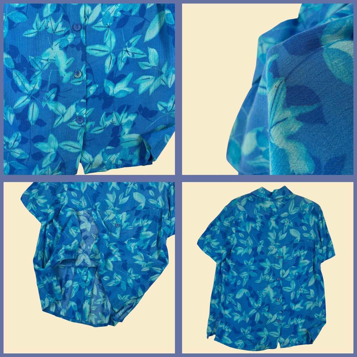 90s S blue floral blouse by CM Shapes, vintage rayon women's button down short sleeve top