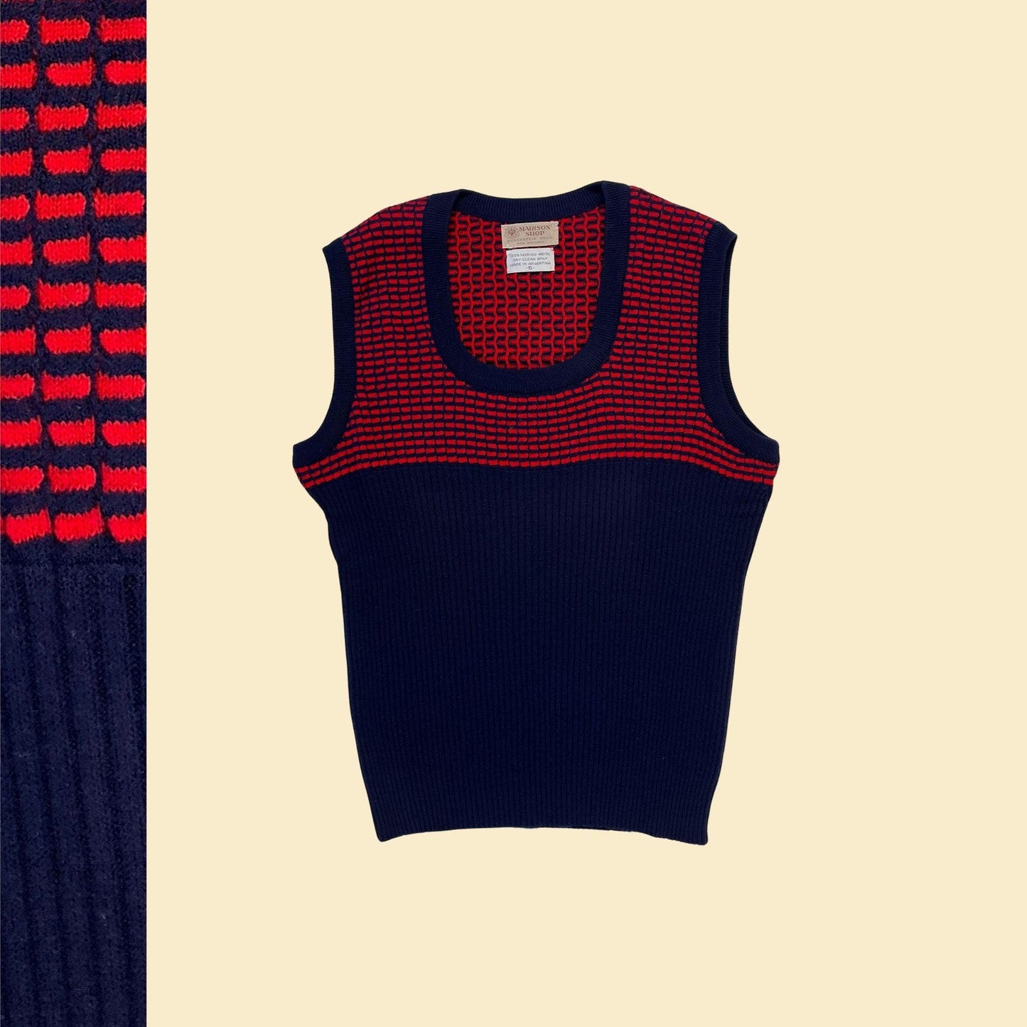 70s/80s S sweater vest, vintage merino wool dark blue & red geometric ribbed knit vest by Madison Shop, Rubenstein Bros