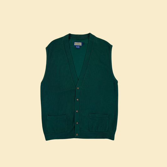 90s L green sweater vest by Ruff Hewn, vintage cardigan style v-neck men's vest