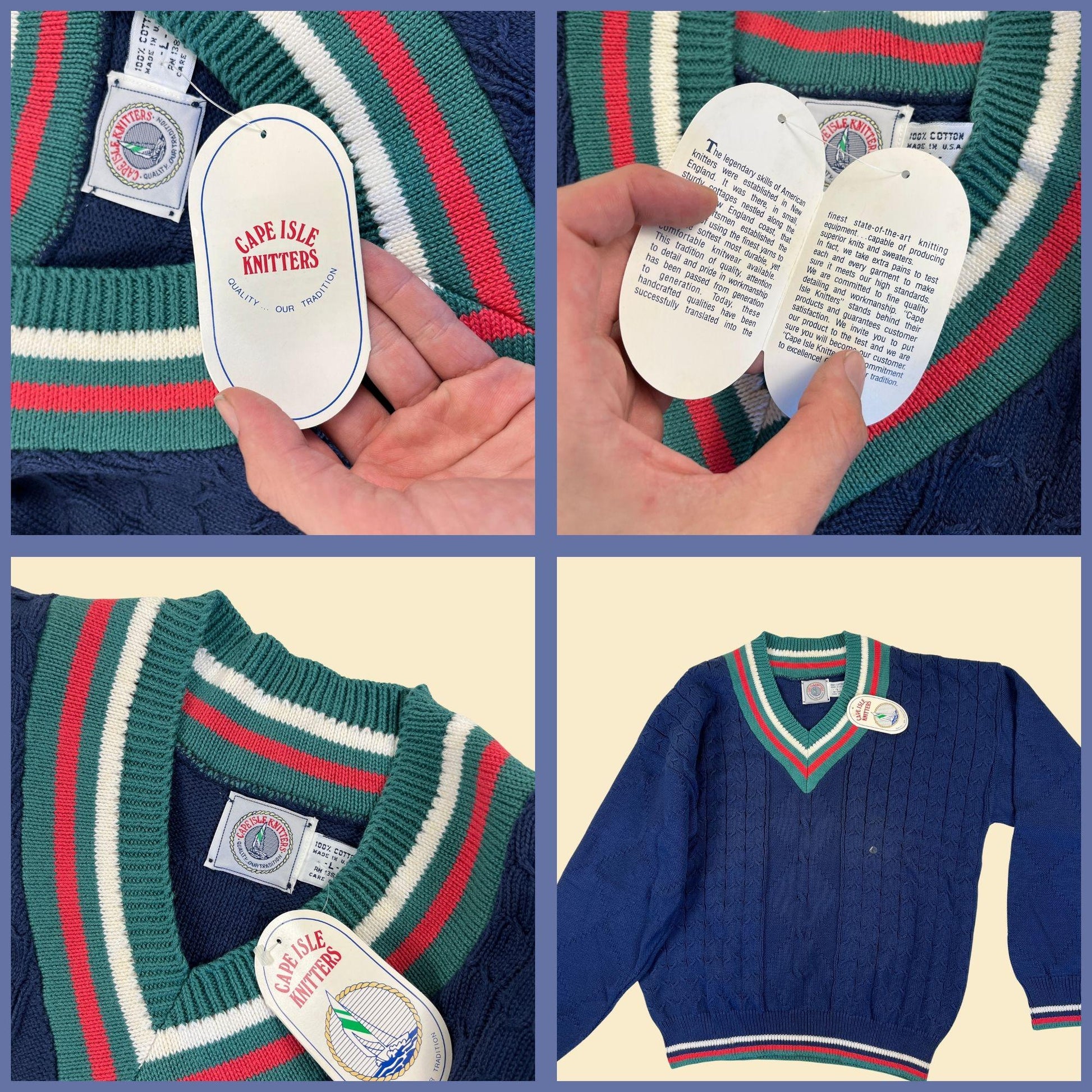 90s knit blue v-neck sweater by Cape Island Knitters, vintage ribbed blue, green & red pullover, new old stock (w/ tags)