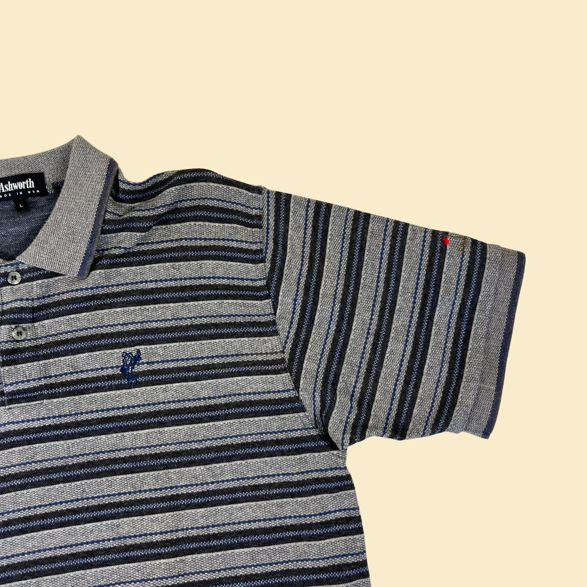 90s/Y2K L striped polo shirt by Ashworth, blue & grey vintage men's short sleeve golf shirt