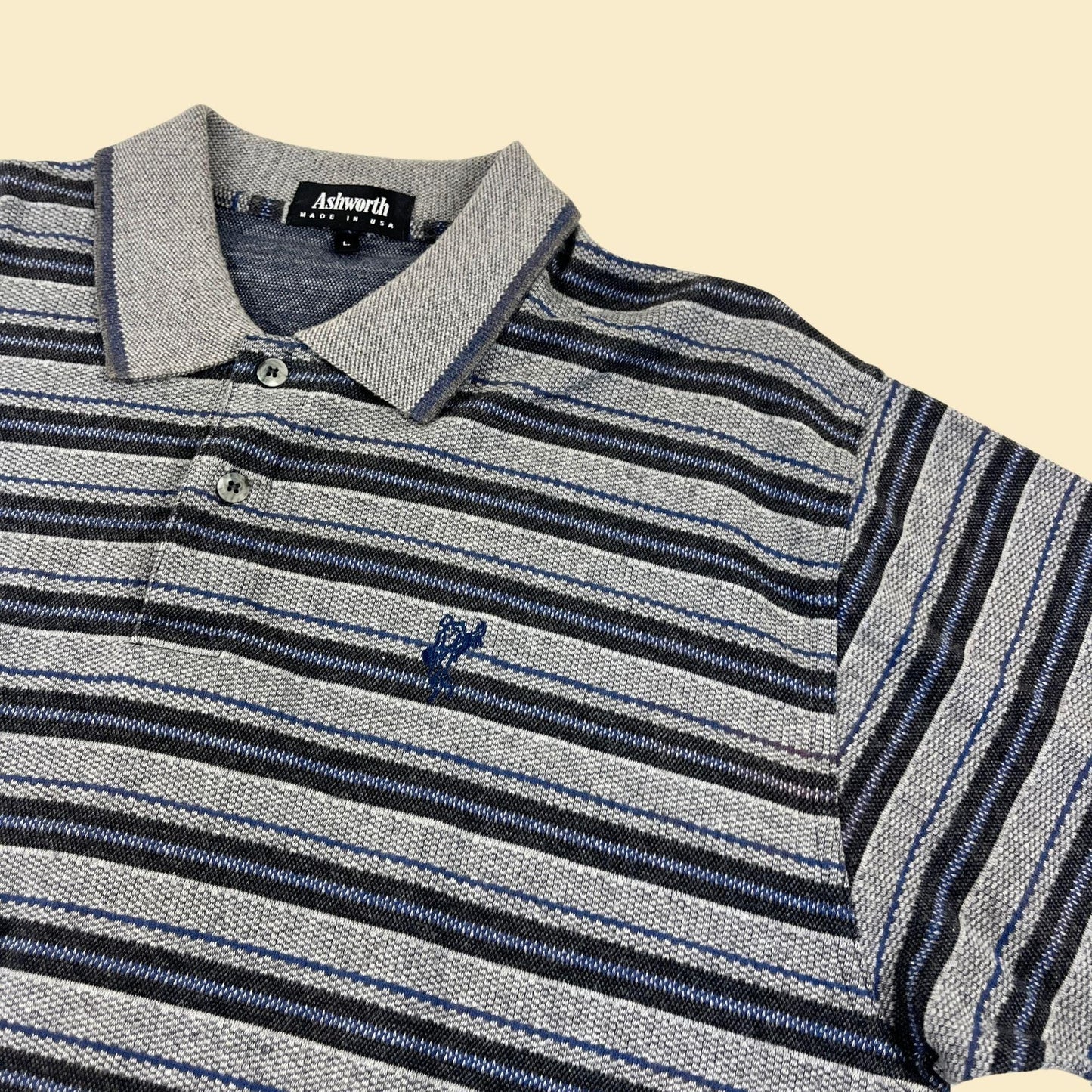 90s/Y2K L striped polo shirt by Ashworth, blue & grey vintage men's short sleeve golf shirt