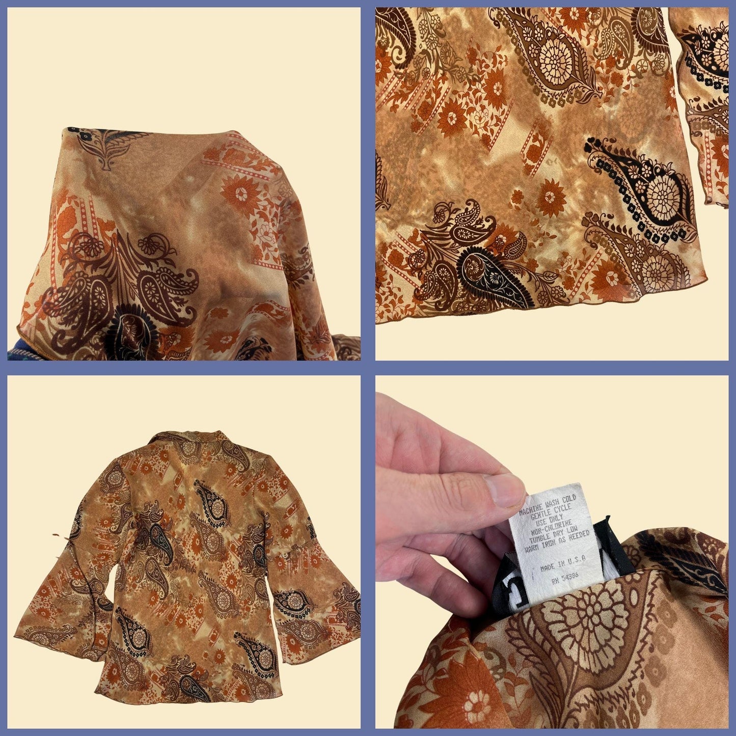 80s M paisley blouse by JKLA California, vintage bell arm sheer brown & orange lightweight women's top