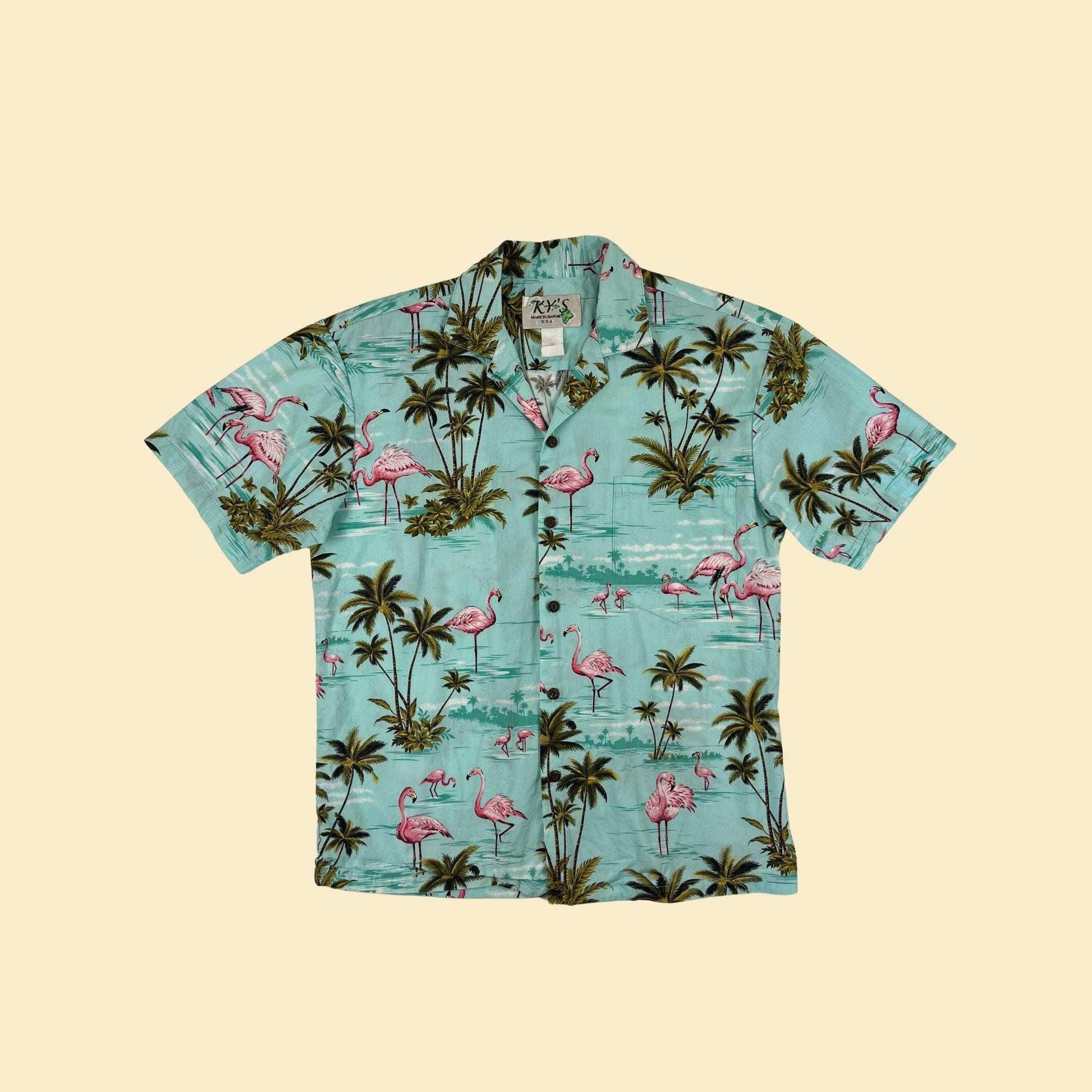 1980s Hawaiian shirt, size S teal flamingo patterned men's button down short sleeve top by KY's