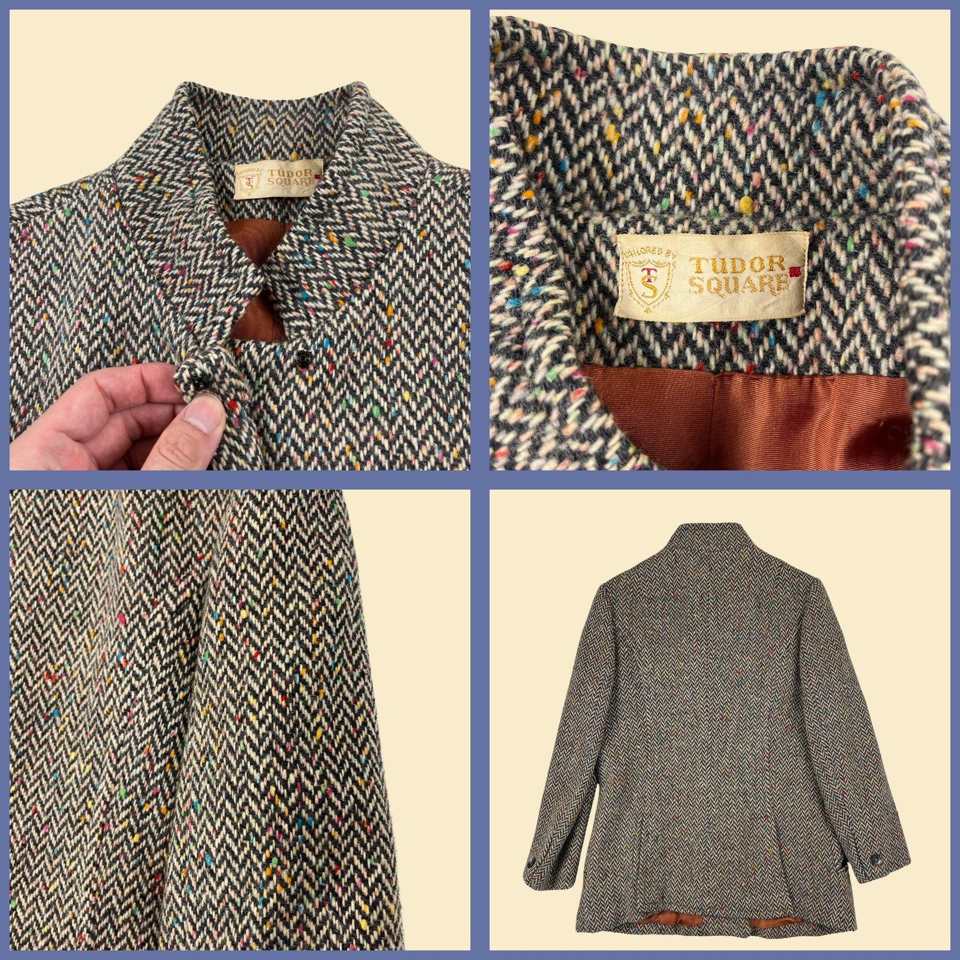 1970s women's jacket by Tudor Square, vintage colorful grey herringbone women's wool trench coat