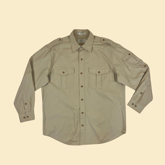 90s/Y2K L beige outdoors shirt by Orvis, vintage men's button down long sleeve khaki hunting shirt