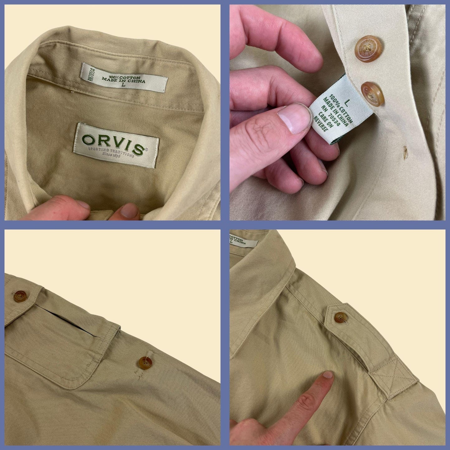 90s/Y2K L beige outdoors shirt by Orvis, vintage men's button down long sleeve khaki hunting shirt