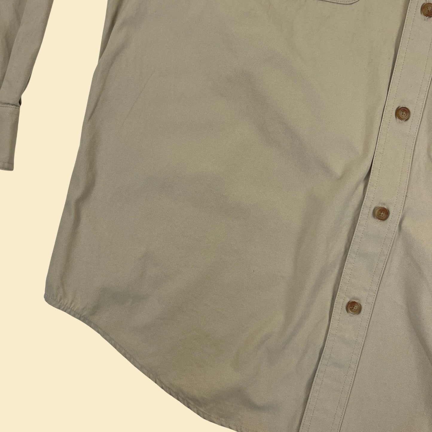 90s/Y2K L beige outdoors shirt by Orvis, vintage men's button down long sleeve khaki hunting shirt