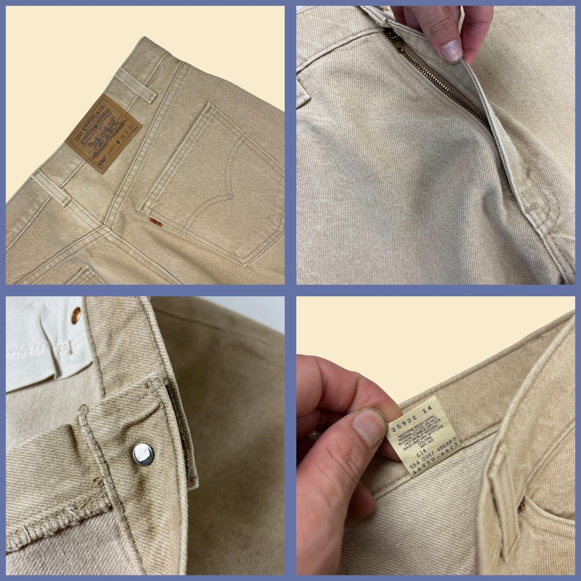 90s Levi's 550 36x30 beige jeans, vintage orange tab men's relaxed fit denim pants