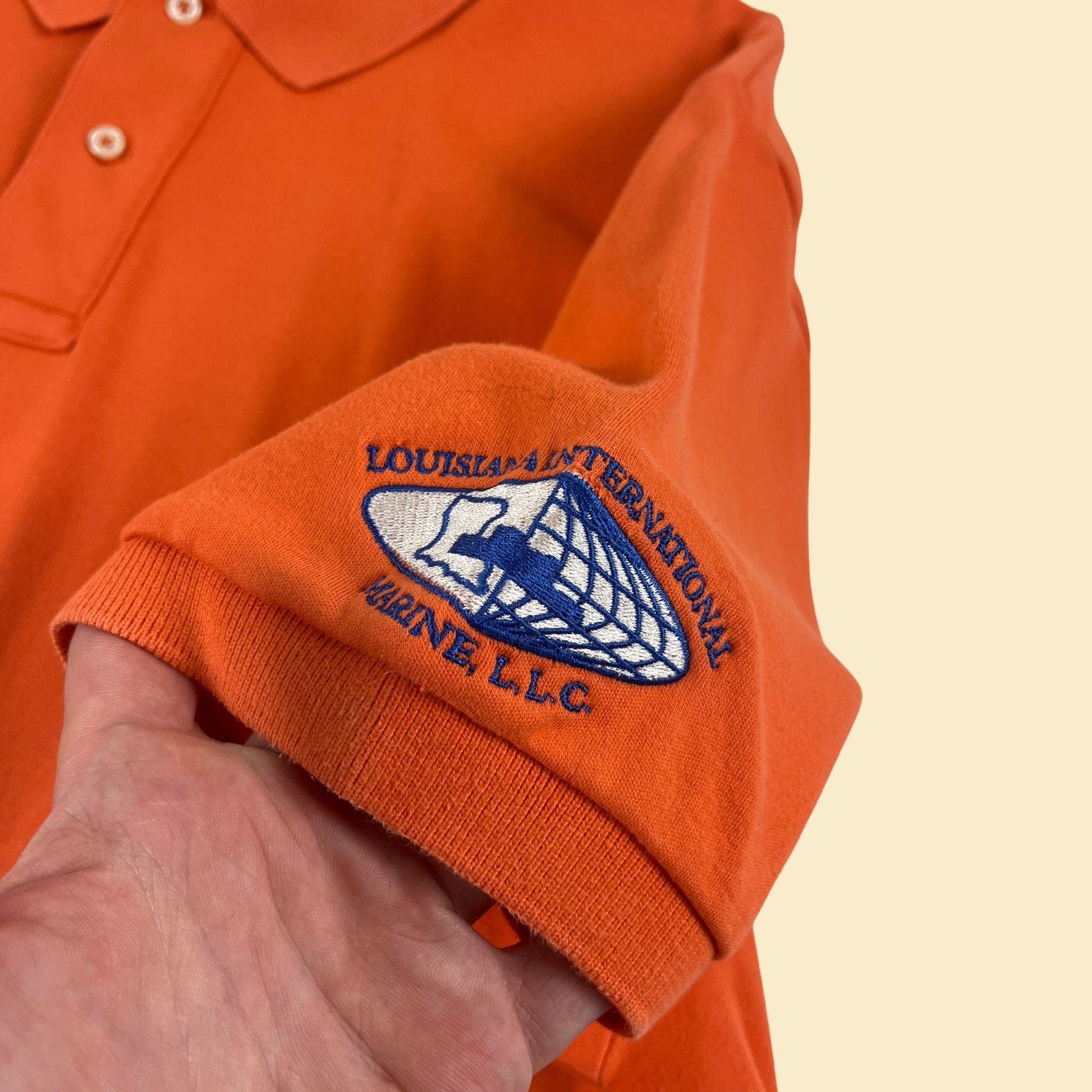 Vintage XL Polo by Ralph Lauren orange shirt, 1990s orange & blue work/Louisiana Marine shirt