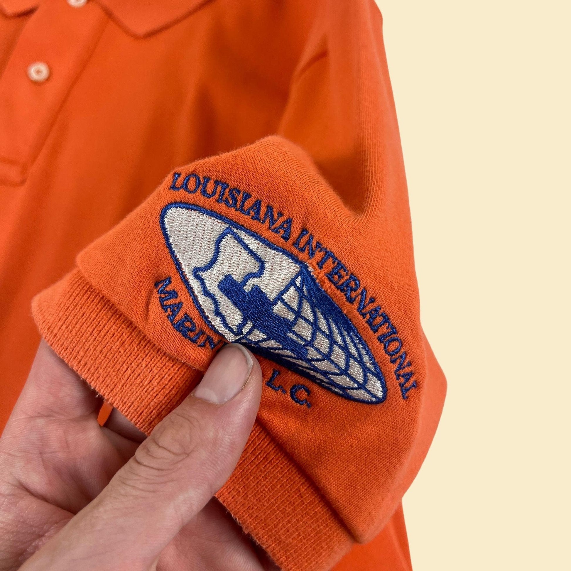 Vintage XL Polo by Ralph Lauren orange shirt, 1990s orange & blue work/Louisiana Marine shirt