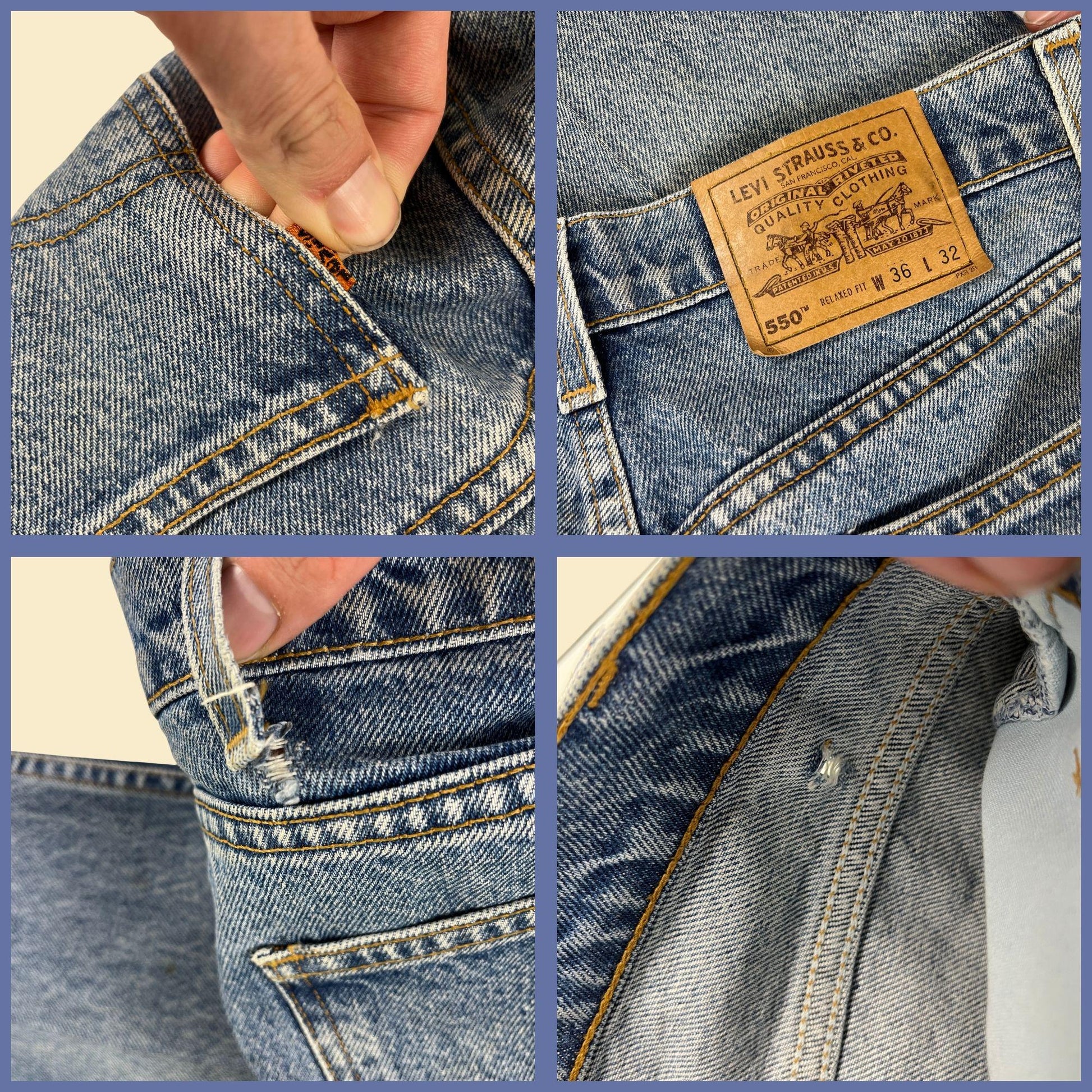 90s Levi's 36x32 orange tab 550 jeans, vintage men's medium wash blue cotton denim pants