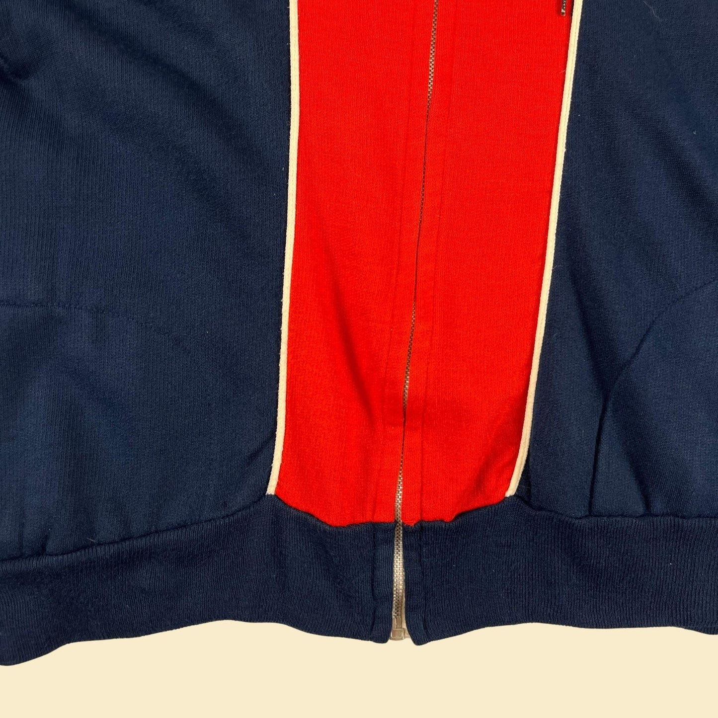 70s/80s M hoodie jacket, vintage blue & red color block zip up hooded sweatshirt