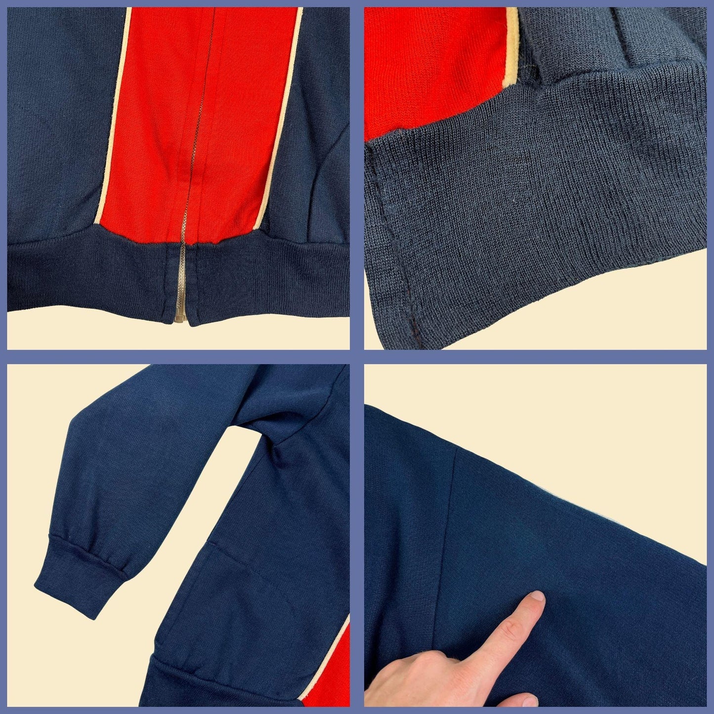 70s/80s M hoodie jacket, vintage blue & red color block zip up hooded sweatshirt